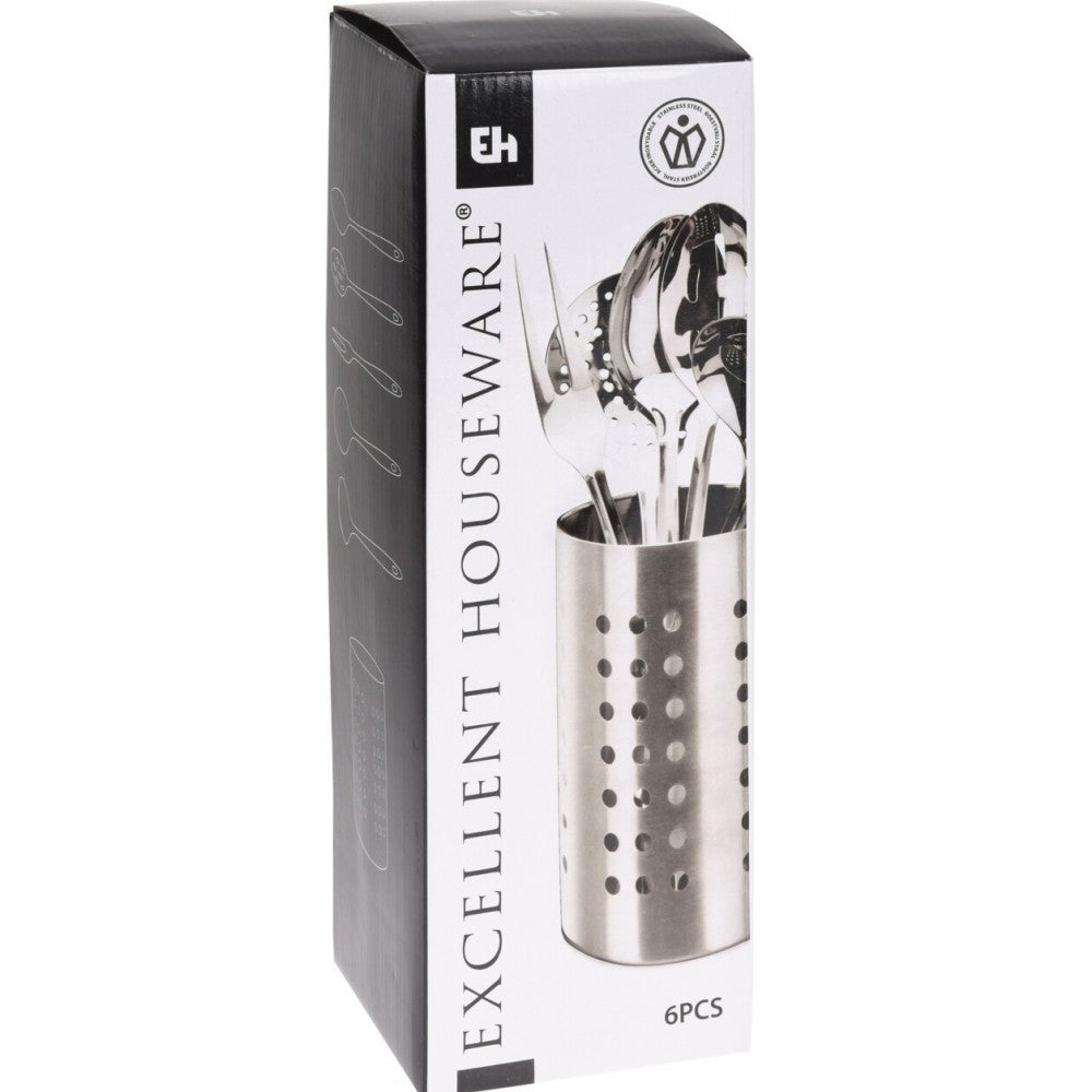 Set 5 ustensile si suport vertical din inox, 11x11x33 cm