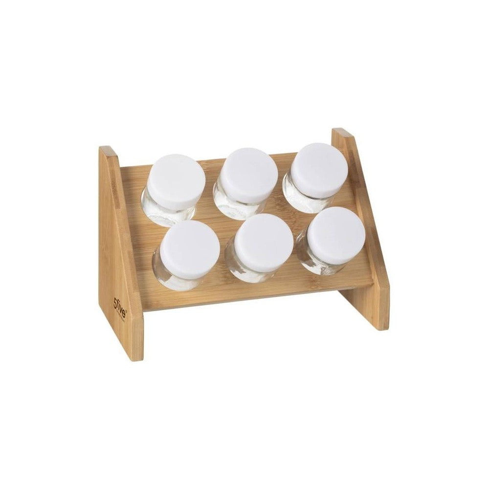 Set 6 recipiente condimente in suport bambus, 21.5x12x14.5 cm