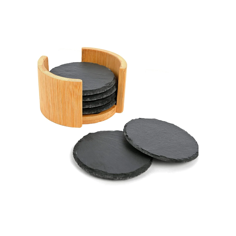 Set 6 suporti cani si pahare SG, ardezie, suport bambus inclus, diametru 10 cm