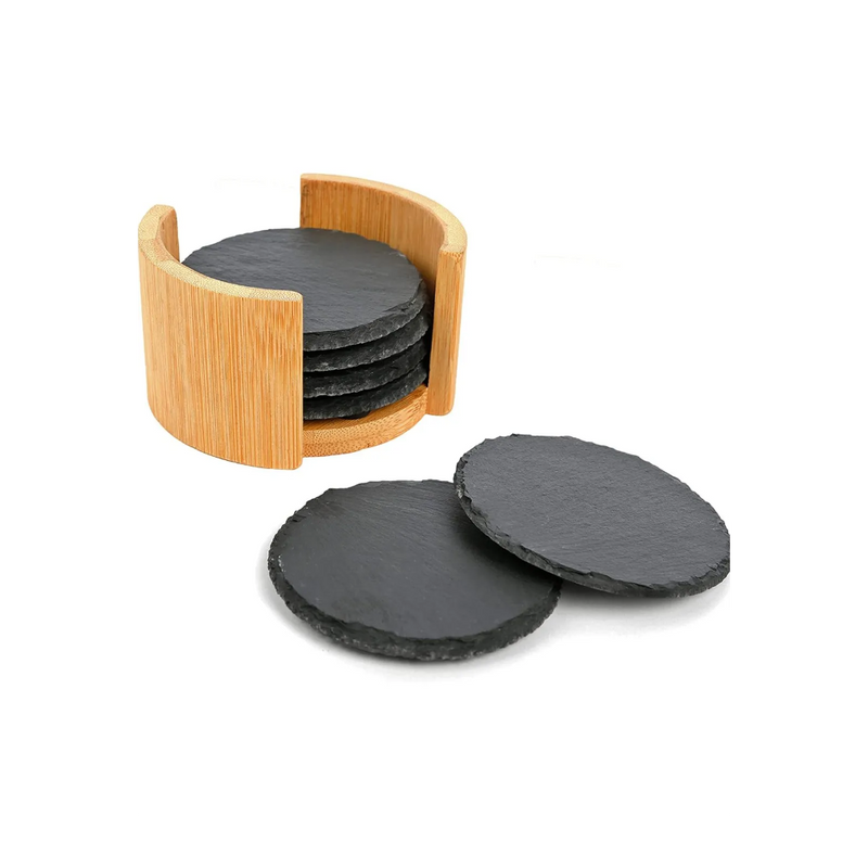Set 6 suporti cani si pahare SG, ardezie, suport bambus inclus, diametru 10 cm