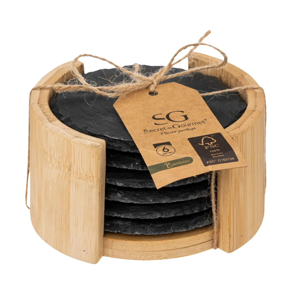 Set 6 suporti cani si pahare SG, ardezie, suport bambus inclus, diametru 10 cm