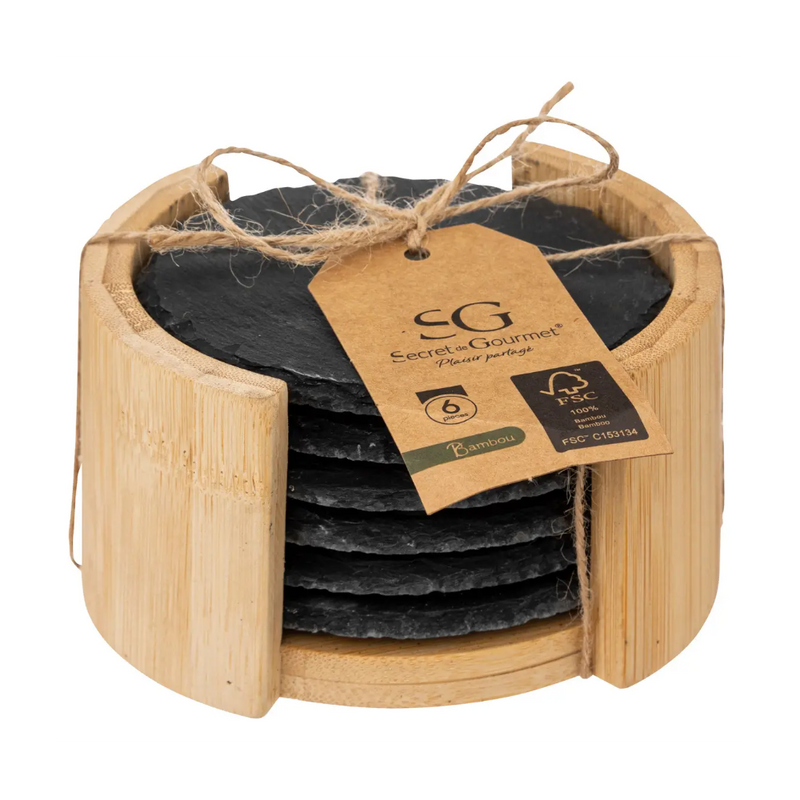 Set 6 suporti cani si pahare SG, ardezie, suport bambus inclus, diametru 10 cm