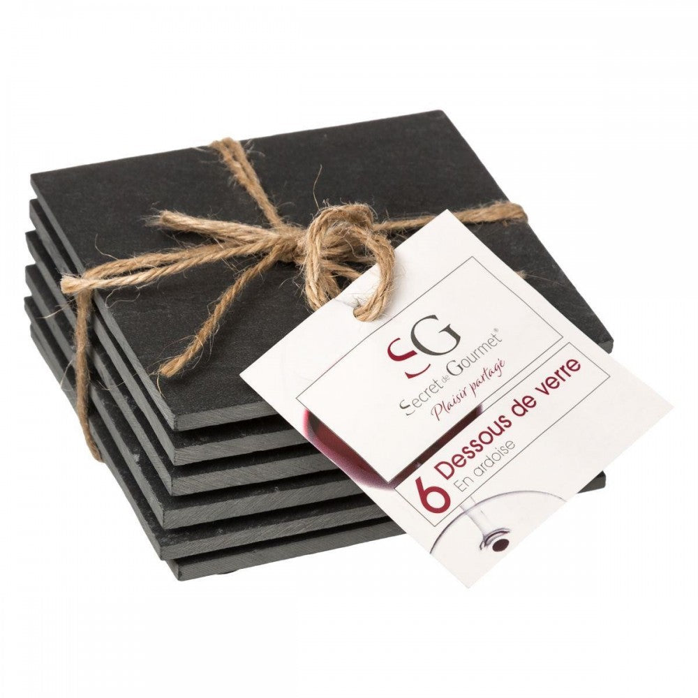 Set 6 suporti cani si pahare, ardezie, gri, 10 x 10 cm