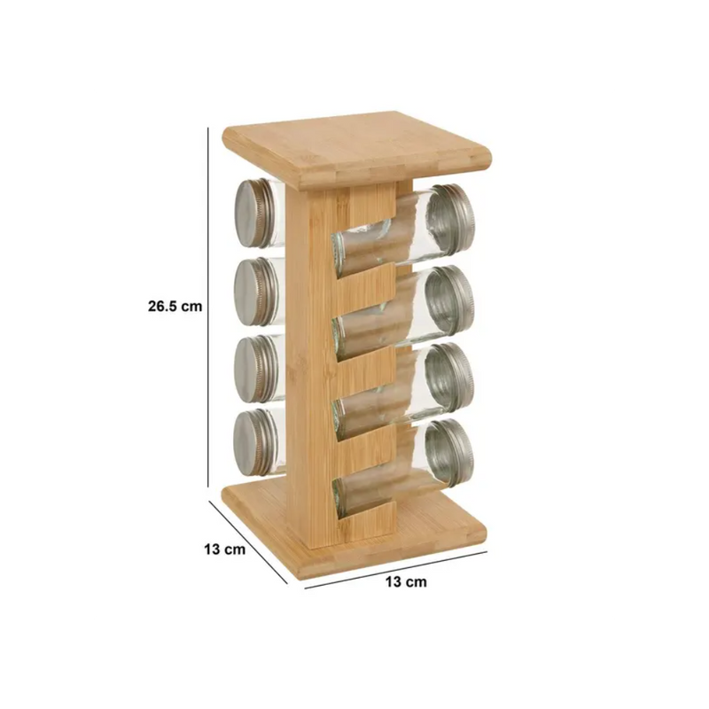 Suport condimente Cozy, 8 recipiente, suport bambus, 13 x 13 x 26,5 cm