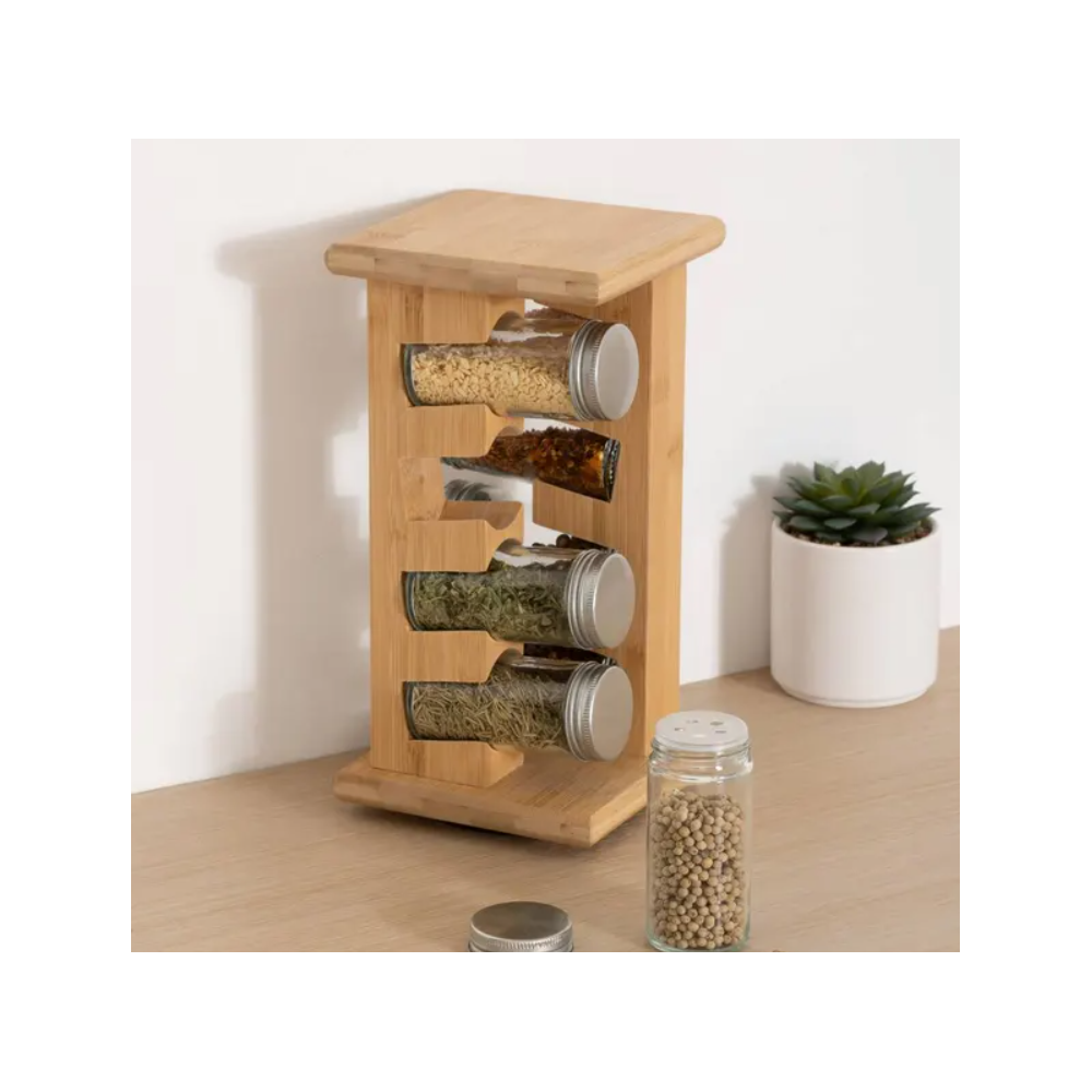 Suport condimente Cozy, 8 recipiente, suport bambus, 13 x 13 x 26,5 cm