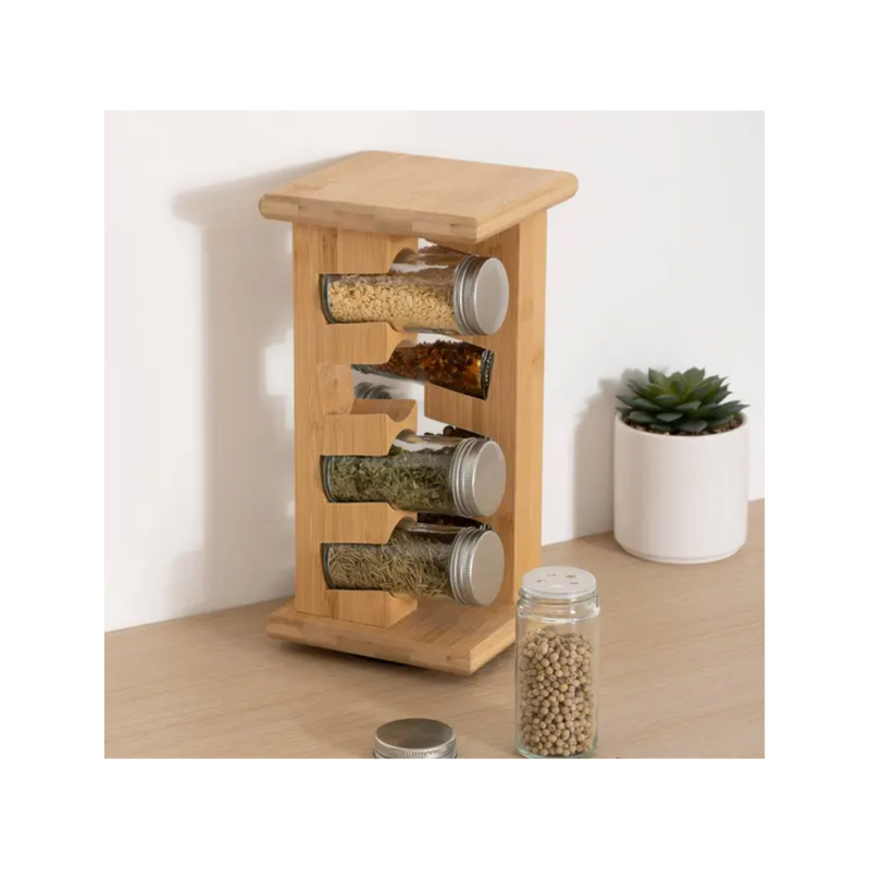 Suport condimente Cozy, 8 recipiente, suport bambus, 13 x 13 x 26,5 cm