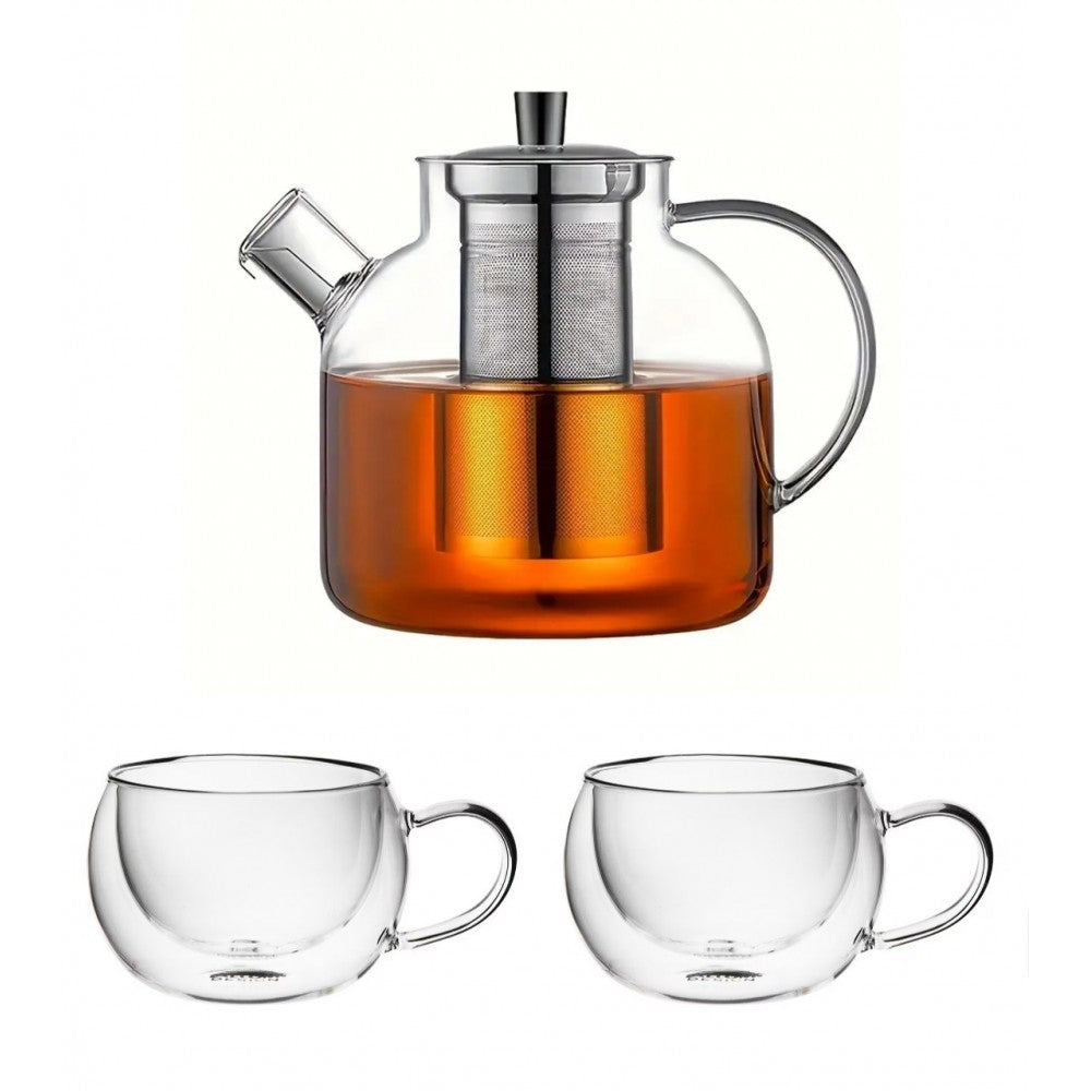 Set ceainic Sebej 1 litru si 2 cani pereti dubli 300 ml, sticla borosilicata
