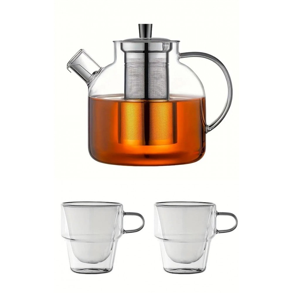 Set ceainic Balvi 1 litru si 2 cani pereti dubli 250 ml, sticla borosilicata