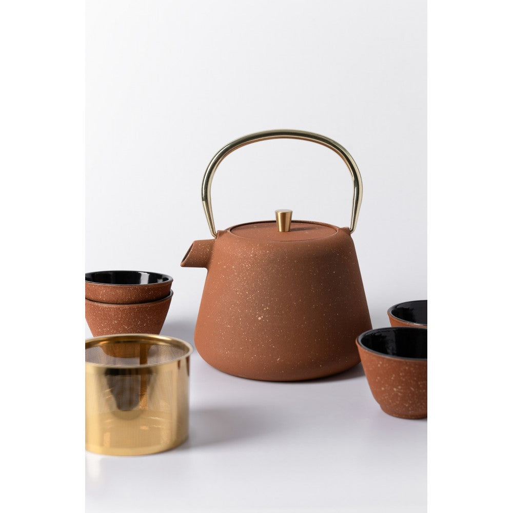 Set ceainic Agnes Rusty, fonta, 4 cani incluse, 1 litru