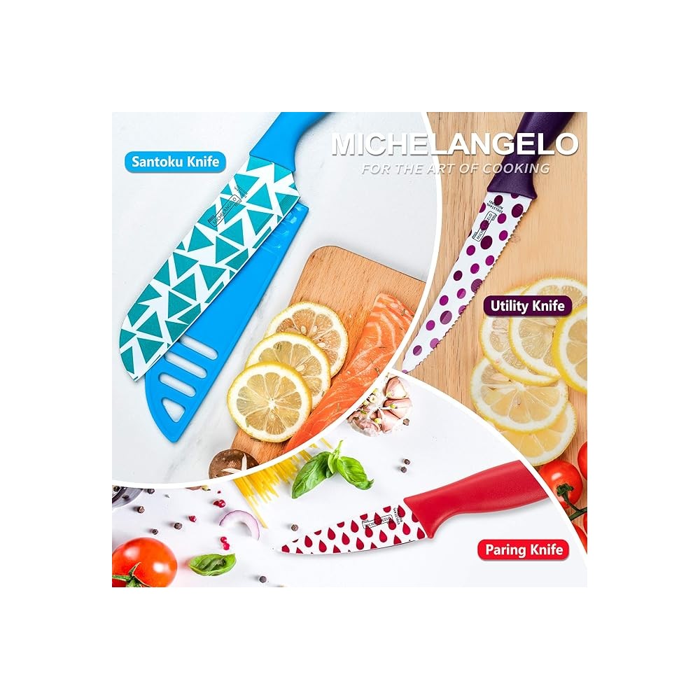 Set cutite Michelangelo Gemetry, color, anti-aderente, cu protectie, 5 piese