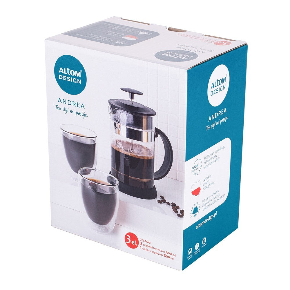 Set infusor 800 ml si 2 pahare Altom Andrea, sticla borosilicata, 300 ml