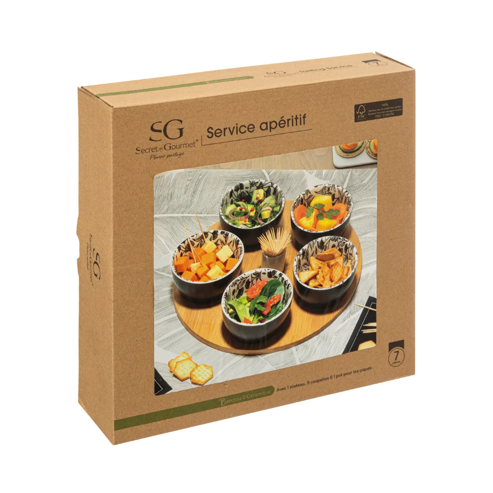 Set servire aperitiv Kelia, ceramica, lemn, 28 x H. 6 cm