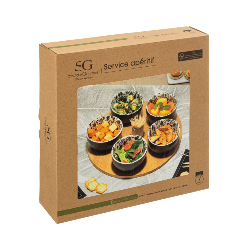 Set servire aperitiv Kelia, ceramica, lemn, 28 x H. 6 cm