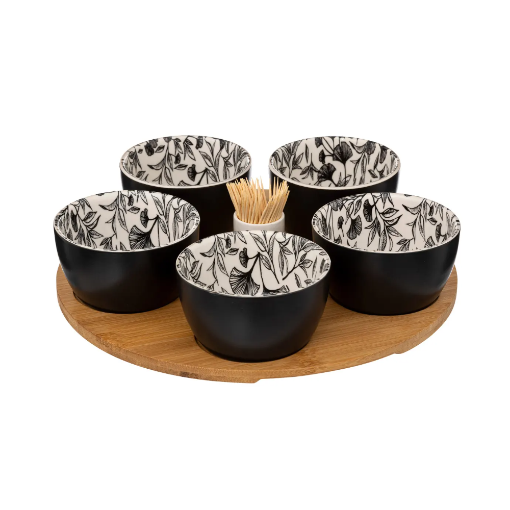 Set servire aperitiv Kelia, ceramica, lemn, 28 x H. 6 cm