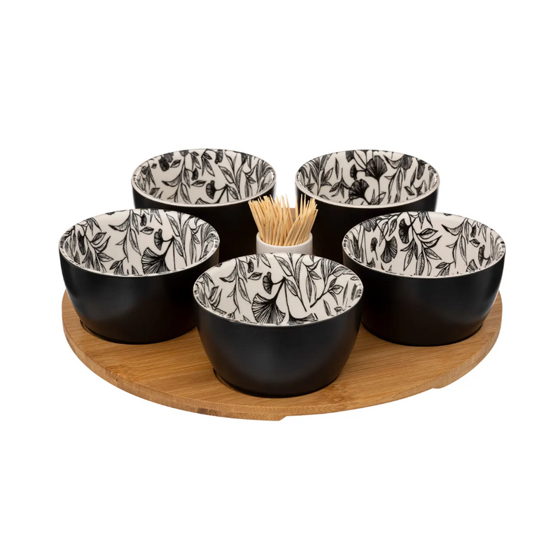 Set servire aperitiv Kelia, ceramica, lemn, 28 x H. 6 cm