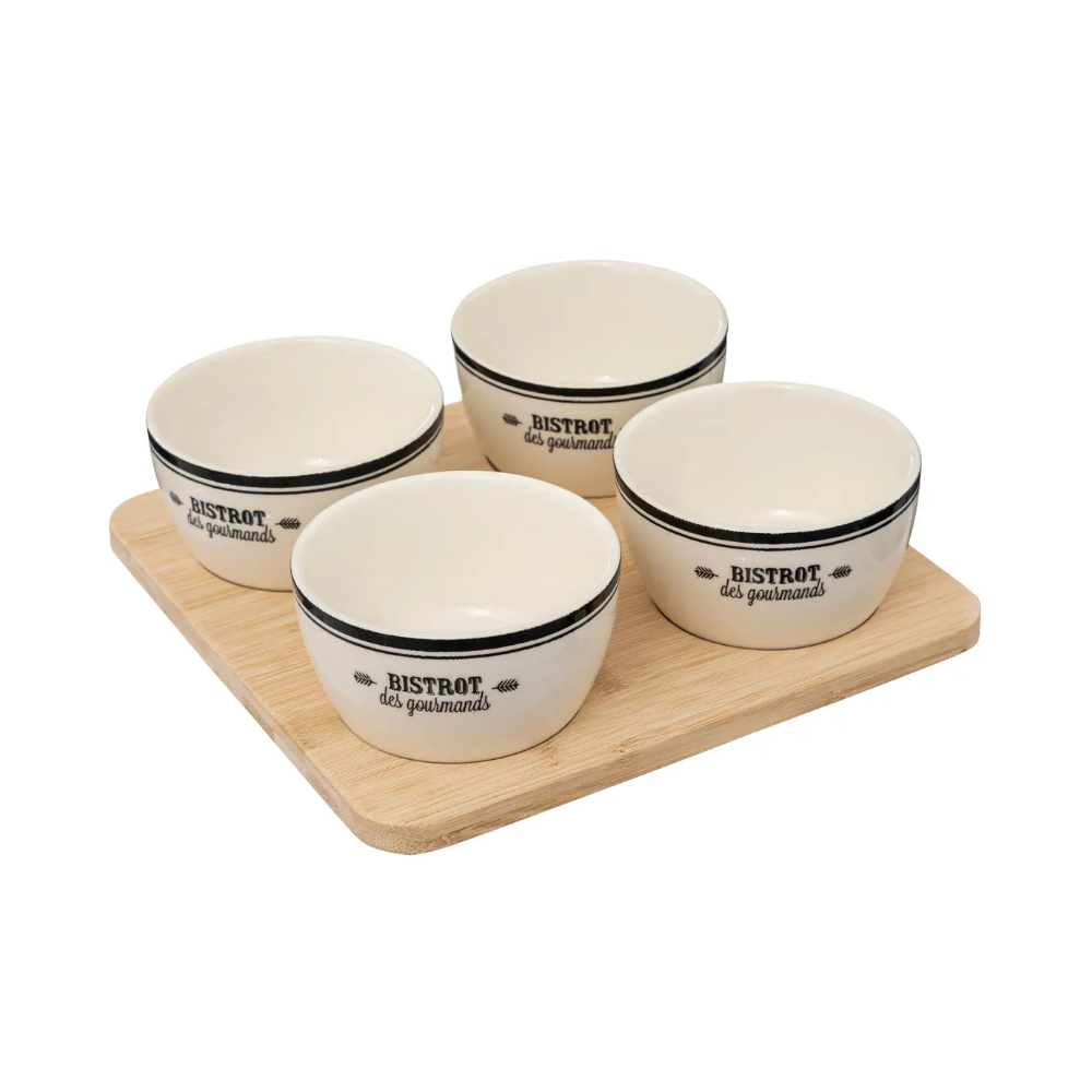 Set servire Bistrot, ceramica, lemn, 4 boluri, 22 x 22 x H 6.30 cm