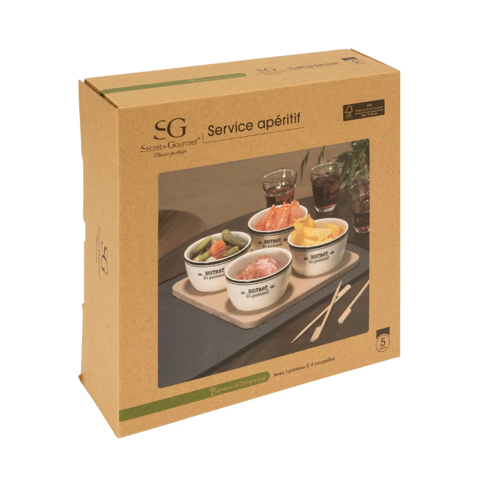 Set servire Bistrot, ceramica, lemn, 4 boluri, 22 x 22 x H 6.30 cm