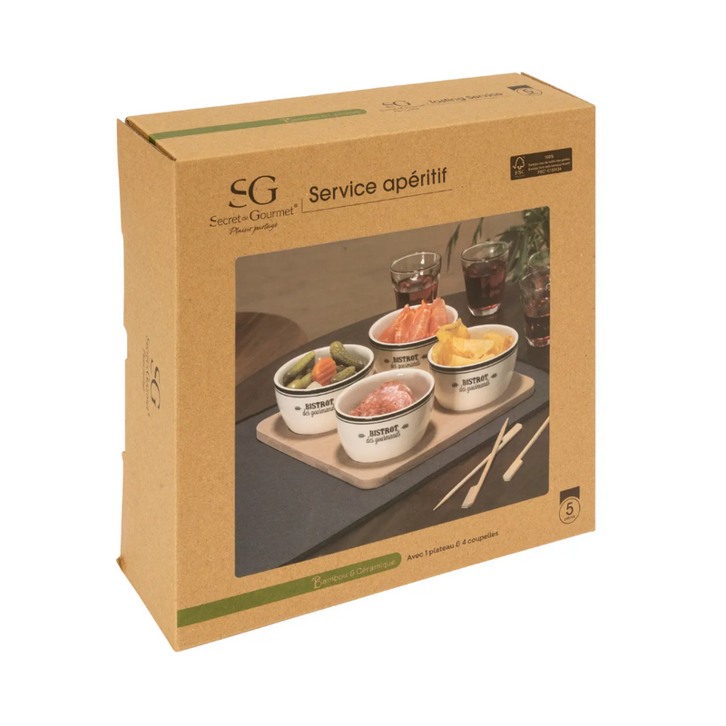 Set servire Bistrot, ceramica, lemn, 4 boluri, 22 x 22 x H 6.30 cm