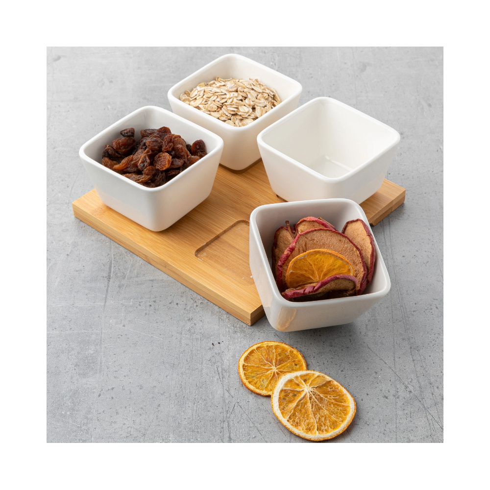 Set servire Florina Adria Quadro 4 piese, bambus, portelan alb, 16,5 x 16,5 x 6 cm