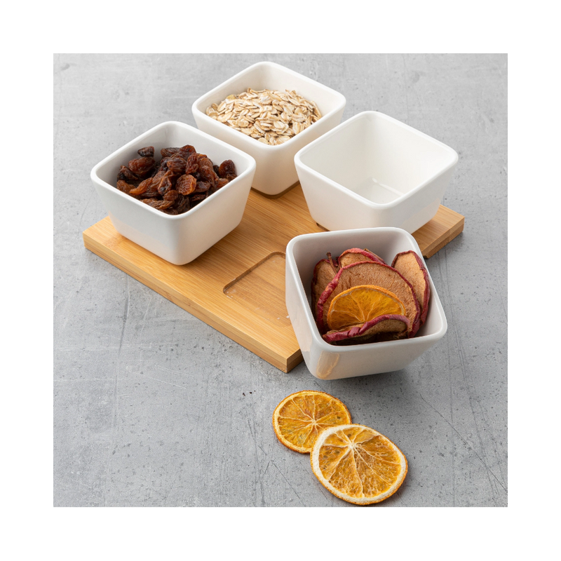 Set servire Florina Adria Quadro 4 piese, bambus, portelan alb, 16,5 x 16,5 x 6 cm