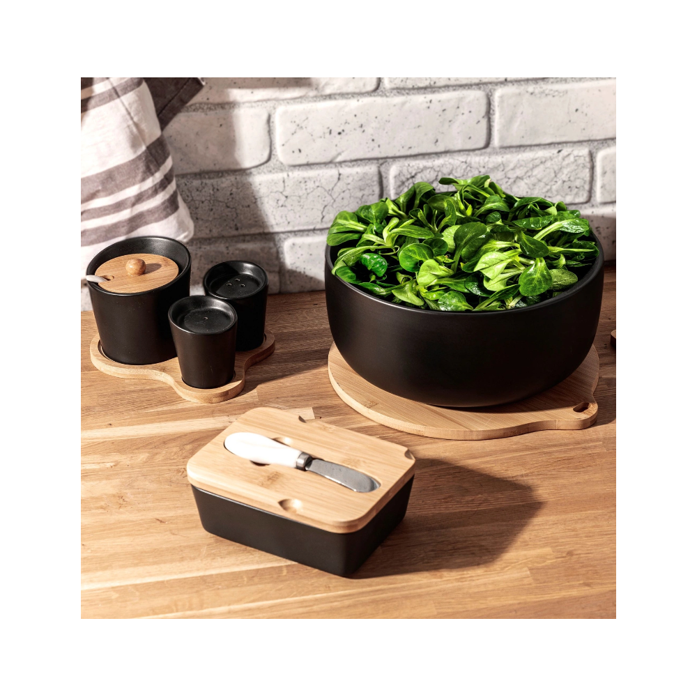 Set servire Florina Adria Black, portelan, bambus, pentru condimente, 16 x 13 x 12 cm