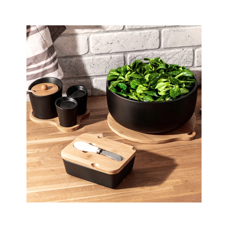 Set servire Florina Adria Black, portelan, bambus, pentru condimente, 16 x 13 x 12 cm