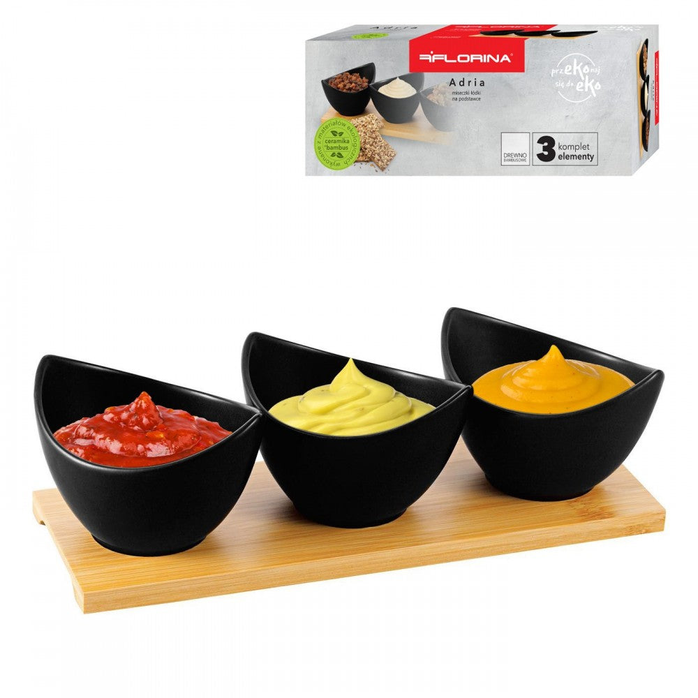 Set servire Florina Adria Gondole Black 3 piese, bambus, portelan, 25 x 9 x 6,5 cm