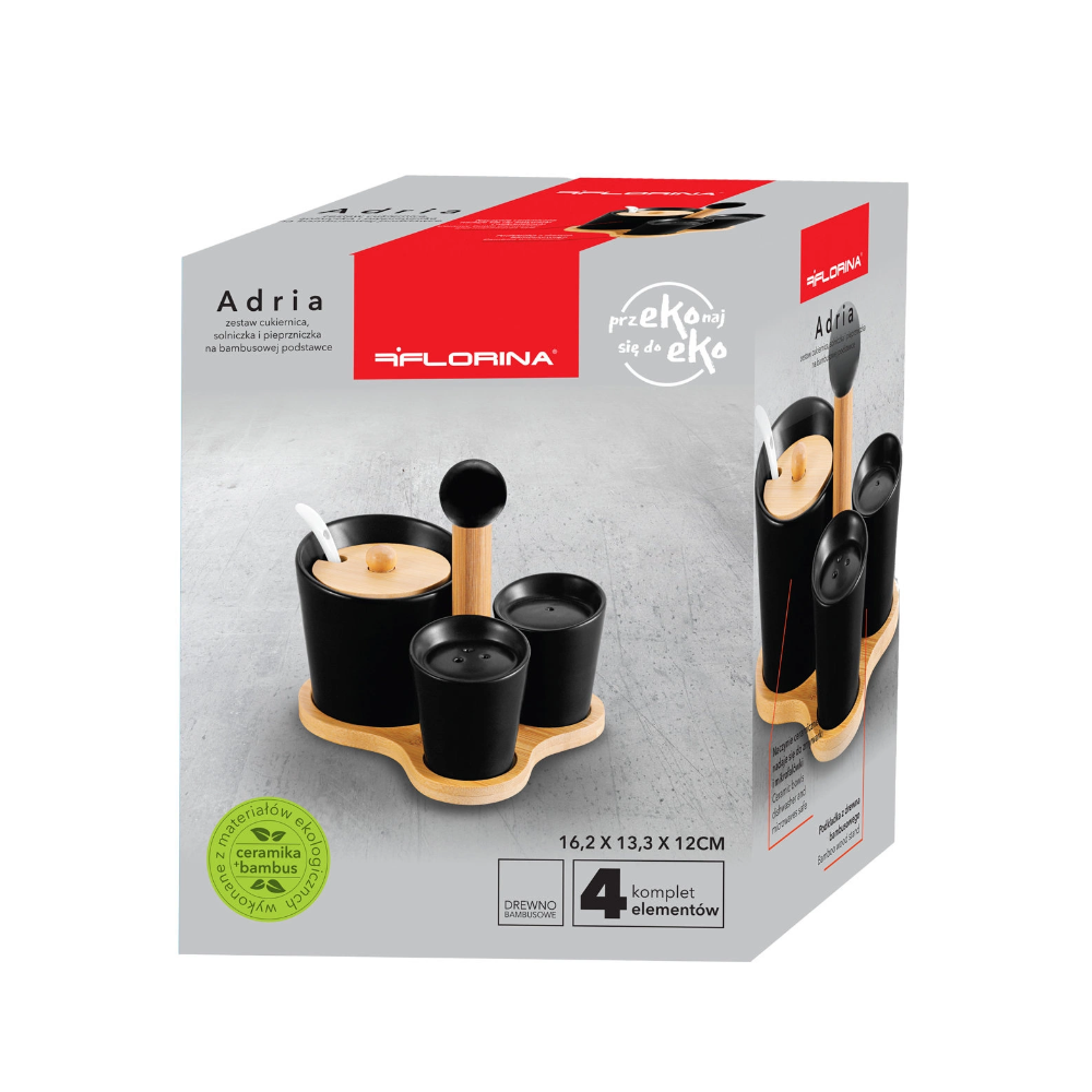 Set servire Florina Adria Black, portelan, bambus, pentru condimente, 16 x 13 x 12 cm