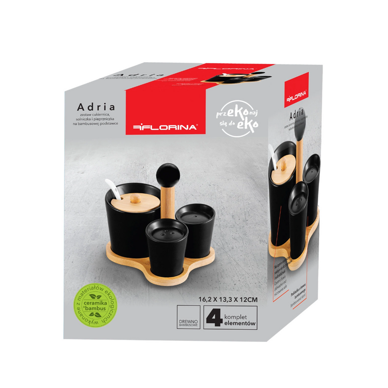 Set servire Florina Adria Black, portelan, bambus, pentru condimente, 16 x 13 x 12 cm