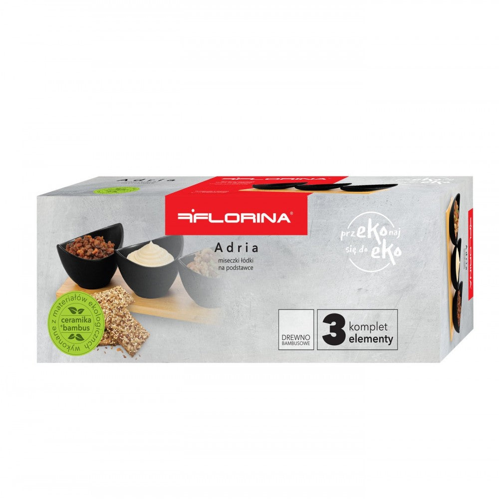 Set servire Florina Adria Gondole Black 3 piese, bambus, portelan, 25 x 9 x 6,5 cm