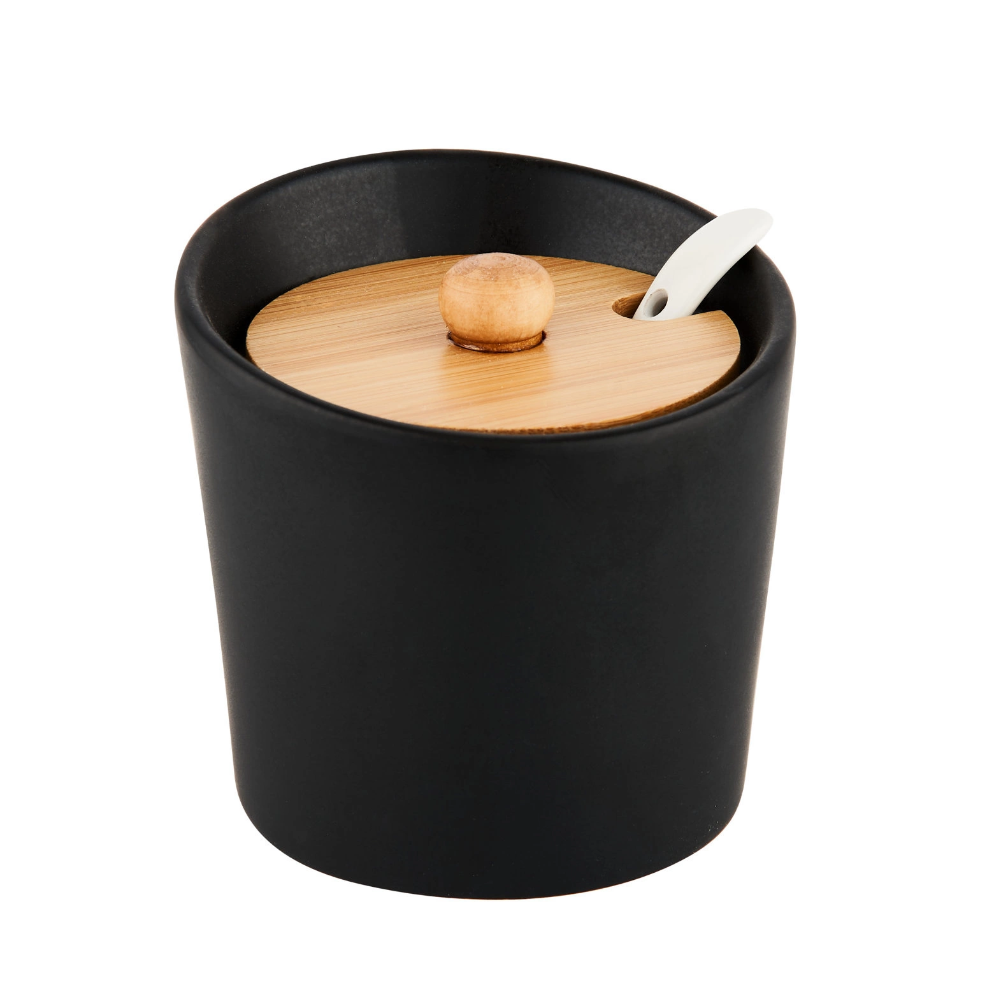 Set servire Florina Adria Black, portelan, bambus, pentru condimente, 16 x 13 x 12 cm