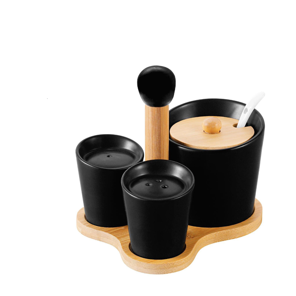 Set servire Florina Adria Black, portelan, bambus, pentru condimente, 16 x 13 x 12 cm