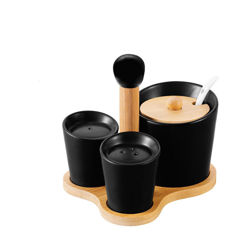 Set servire Florina Adria Black, portelan, bambus, pentru condimente, 16 x 13 x 12 cm