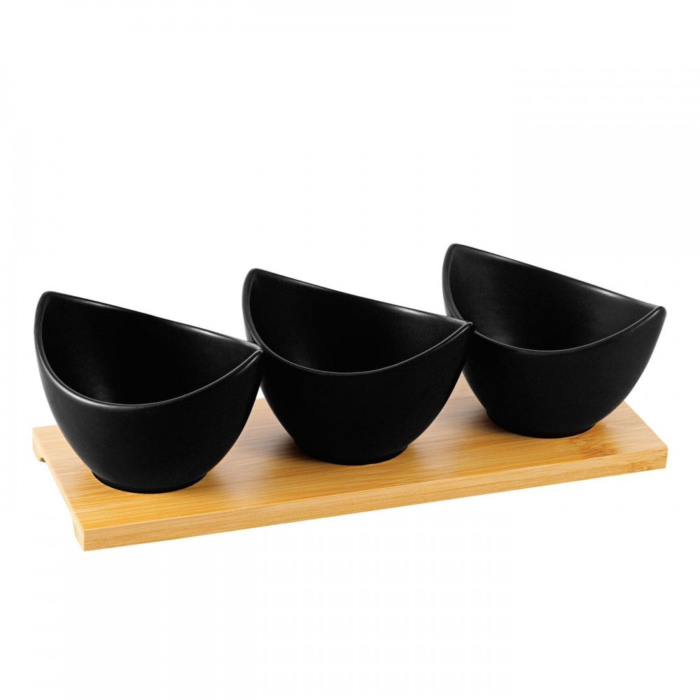 Set servire Florina Adria Gondole Black 3 piese, bambus, portelan, 25 x 9 x 6,5 cm