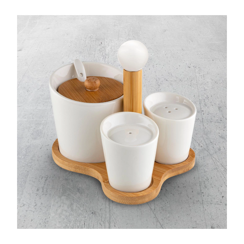 Set servire Florina Adria, portelan, bambus, pentru condimente, 16 x 13 x 12 cm