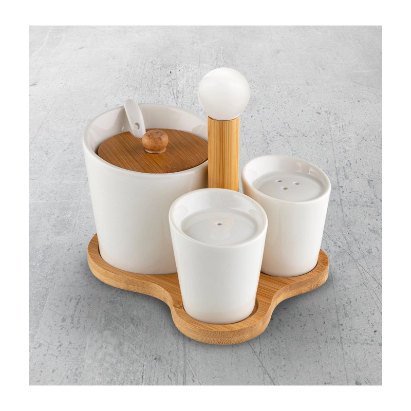 Set servire Florina Adria, portelan, bambus, pentru condimente, 16 x 13 x 12 cm