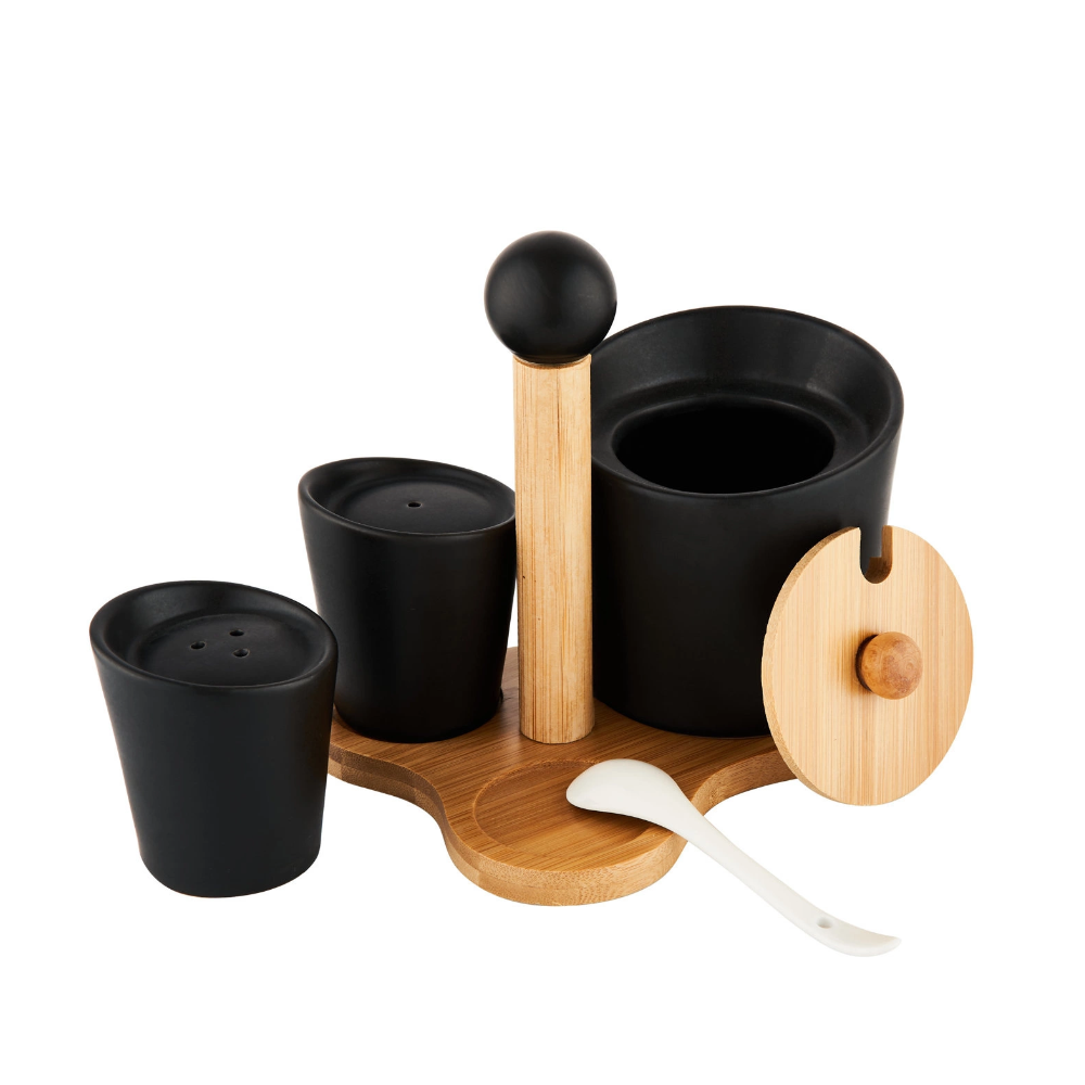 Set servire Florina Adria Black, portelan, bambus, pentru condimente, 16 x 13 x 12 cm
