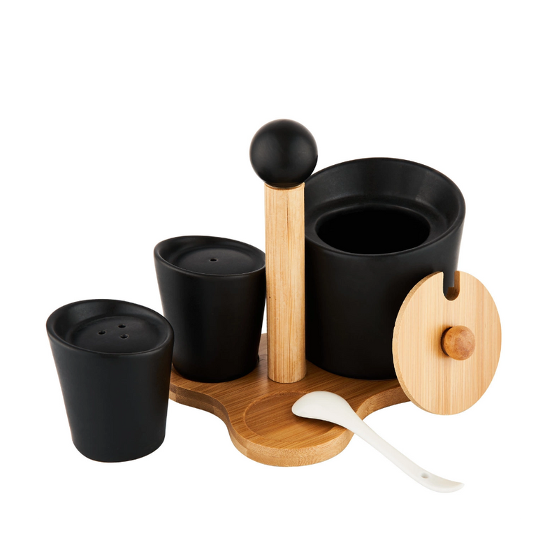 Set servire Florina Adria Black, portelan, bambus, pentru condimente, 16 x 13 x 12 cm