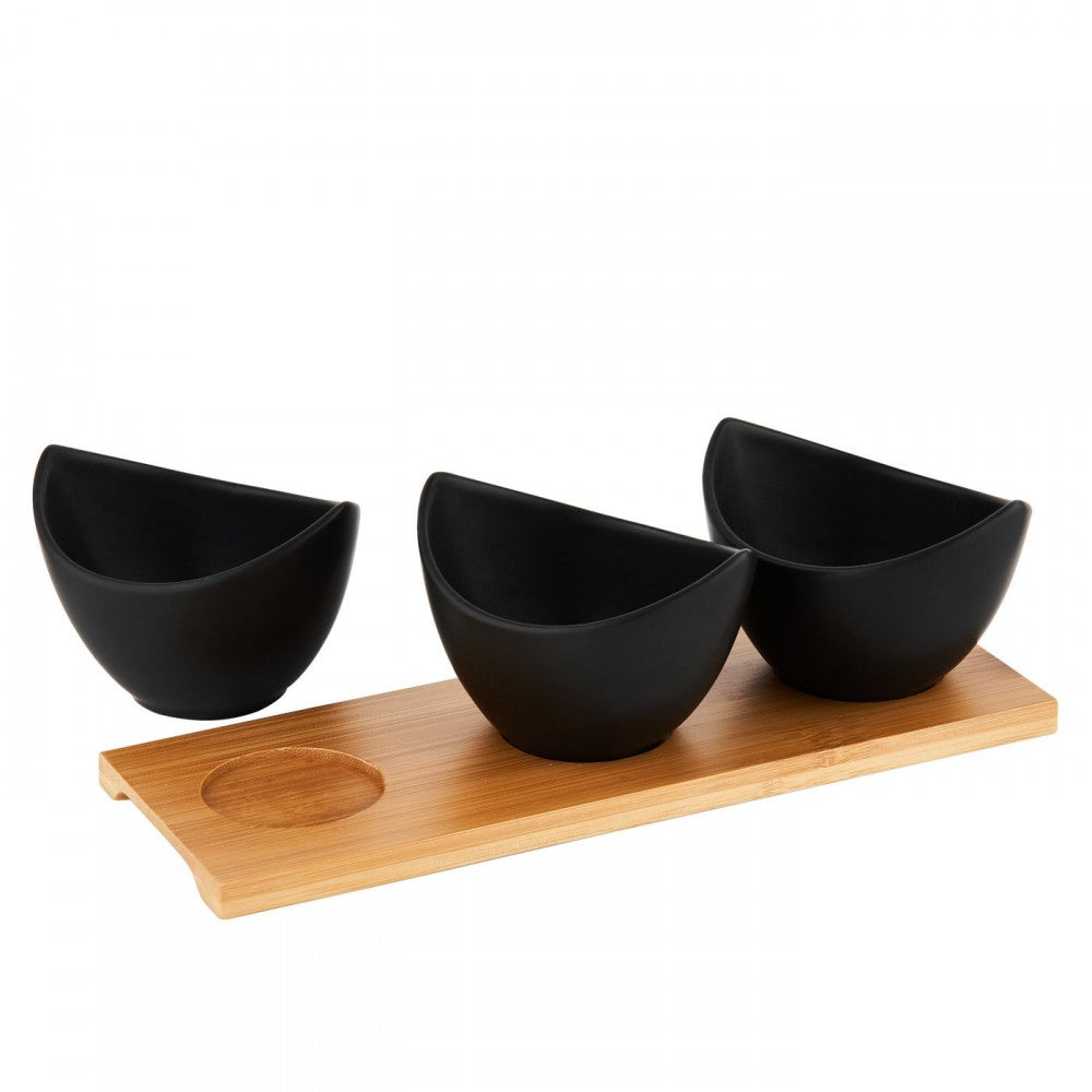 Set servire Florina Adria Gondole Black 3 piese, bambus, portelan, 25 x 9 x 6,5 cm