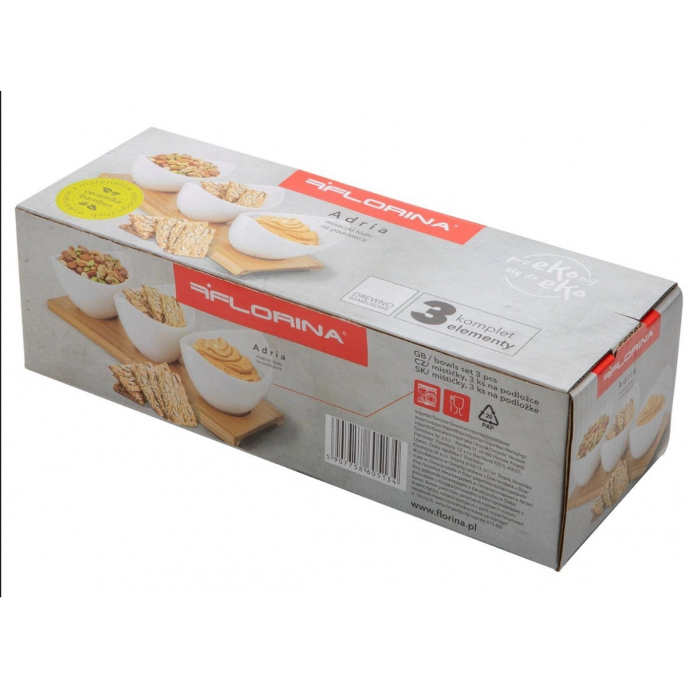 Set servire Florina Adria Gondole 3 piese, bambus, portelan alb, 25 x 9 x 6,5 cm