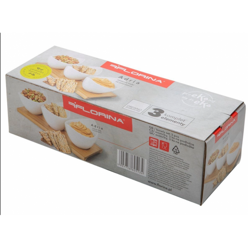Set servire Florina Adria Gondole 3 piese, bambus, portelan alb, 25 x 9 x 6,5 cm