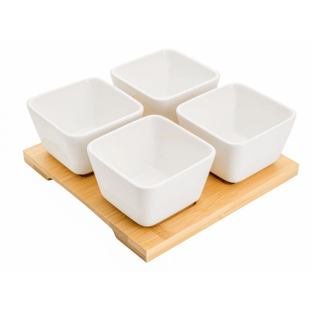 Set servire Florina Adria Quadro 4 piese, bambus, portelan alb, 16,5 x 16,5 x 6 cm