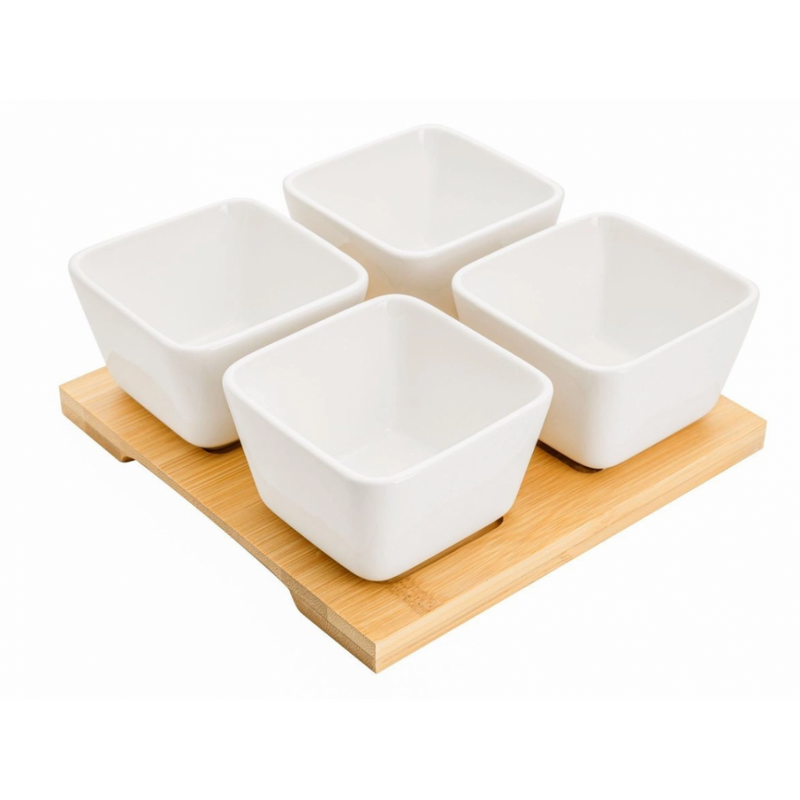 Set servire Florina Adria Quadro 4 piese, bambus, portelan alb, 16,5 x 16,5 x 6 cm