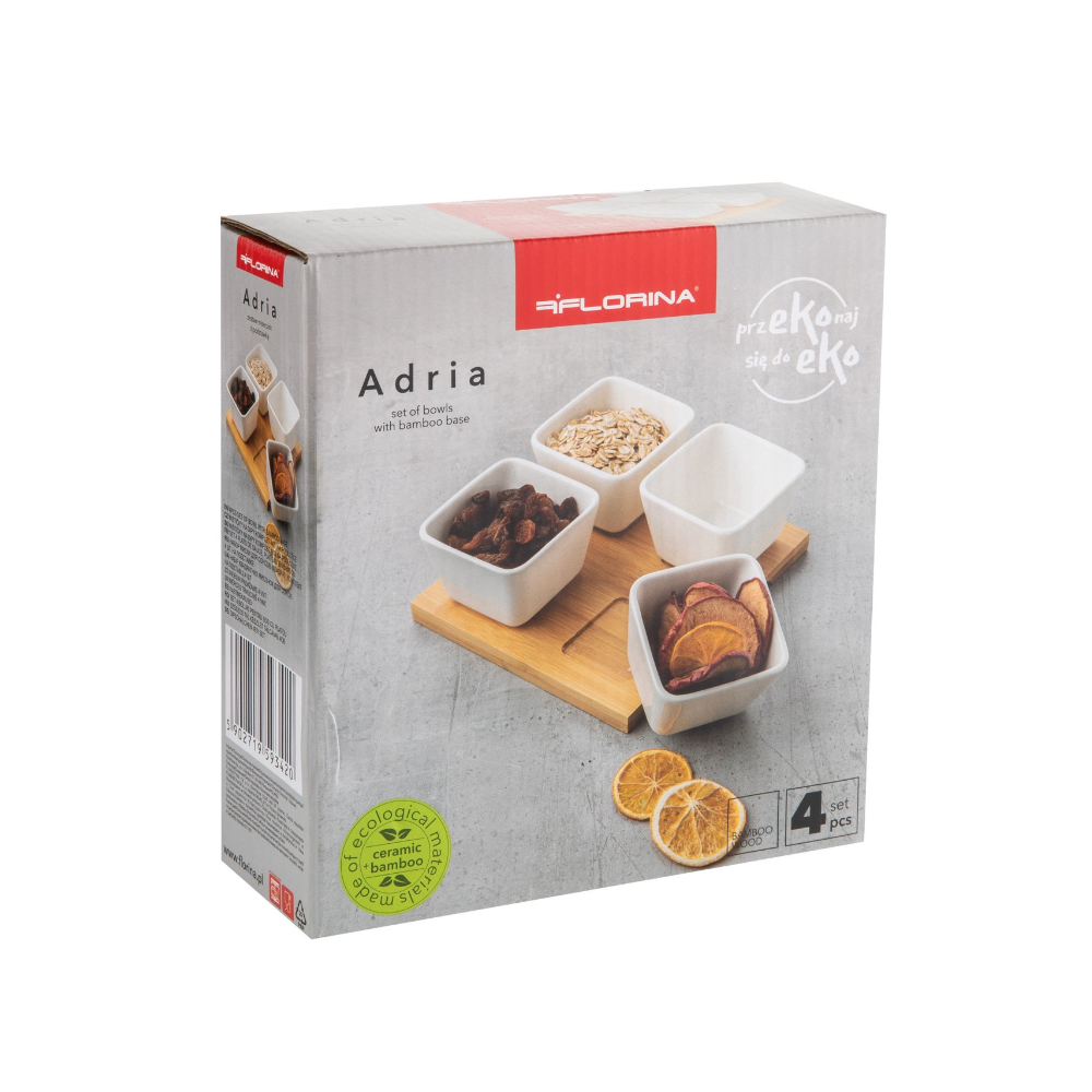 Set servire Florina Adria Quadro 4 piese, bambus, portelan alb, 16,5 x 16,5 x 6 cm