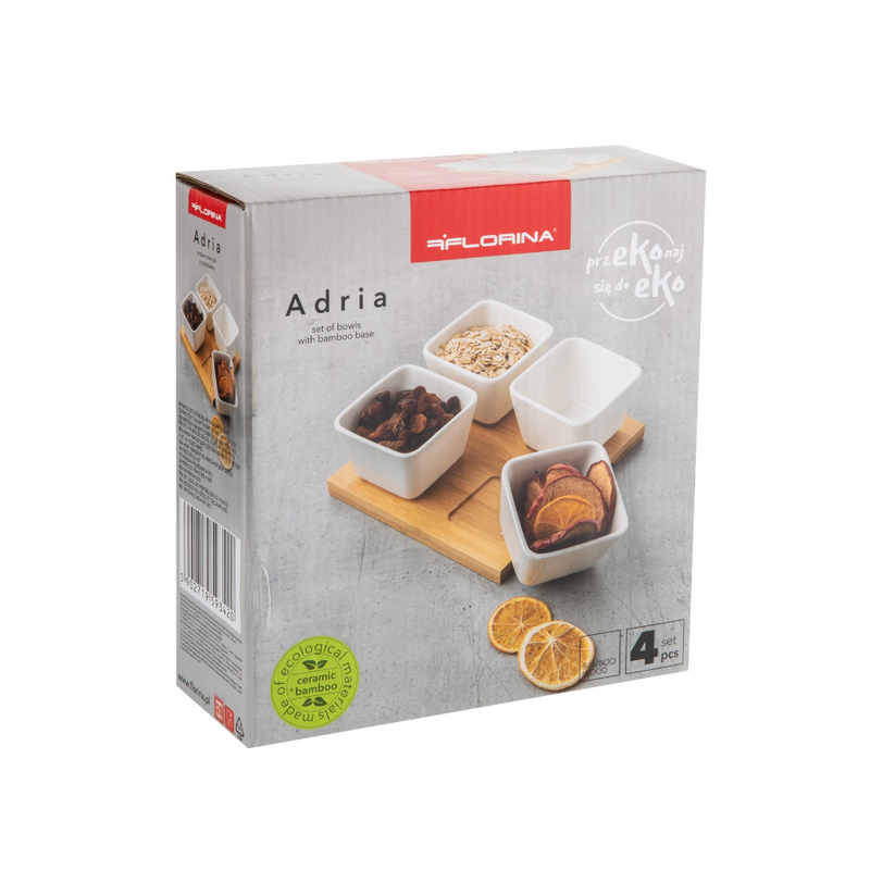 Set servire Florina Adria Quadro 4 piese, bambus, portelan alb, 16,5 x 16,5 x 6 cm