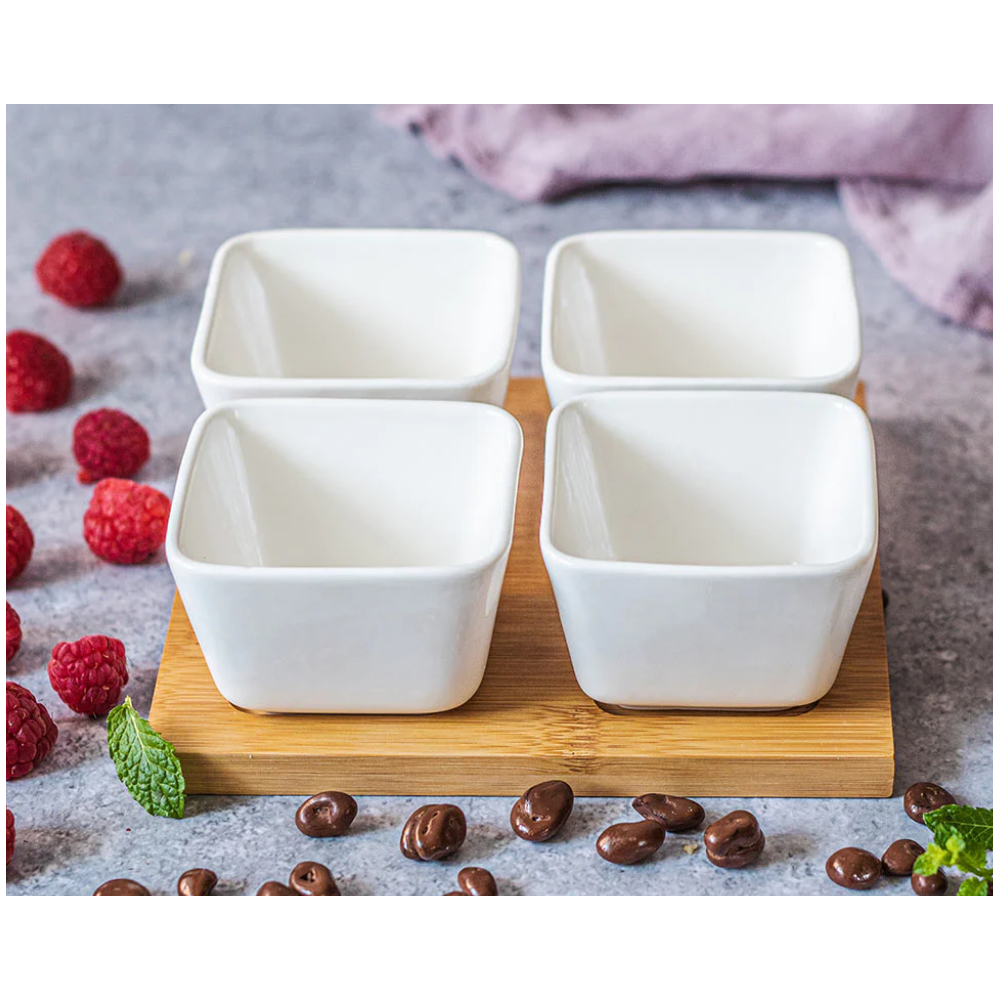 Set servire Florina Adria Quadro 4 piese, bambus, portelan alb, 16,5 x 16,5 x 6 cm