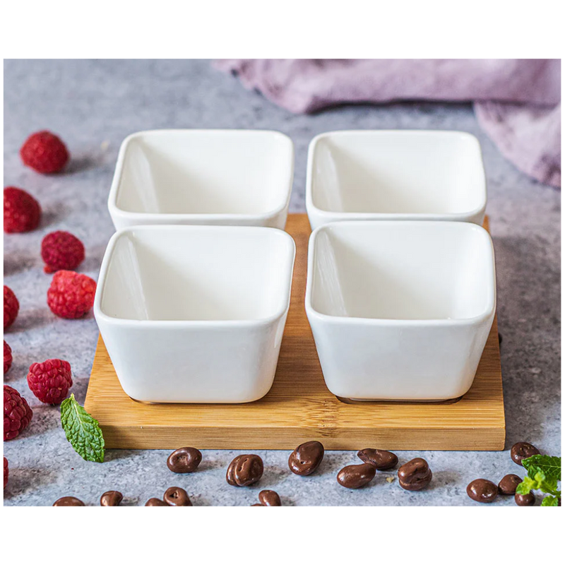 Set servire Florina Adria Quadro 4 piese, bambus, portelan alb, 16,5 x 16,5 x 6 cm
