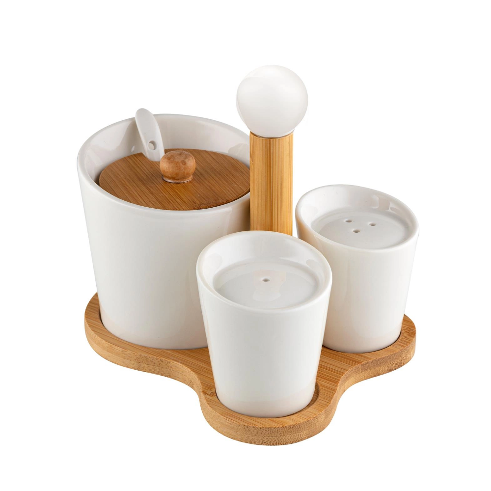 Set servire Florina Adria, portelan, bambus, pentru condimente, 16 x 13 x 12 cm