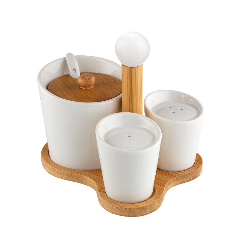 Set servire Florina Adria, portelan, bambus, pentru condimente, 16 x 13 x 12 cm