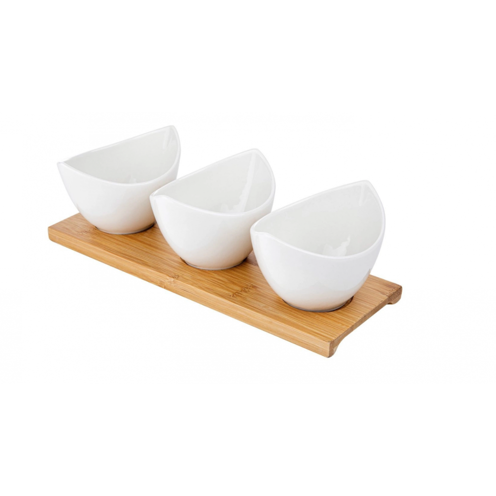 Set servire Florina Adria Gondole 3 piese, bambus, portelan alb, 25 x 9 x 6,5 cm